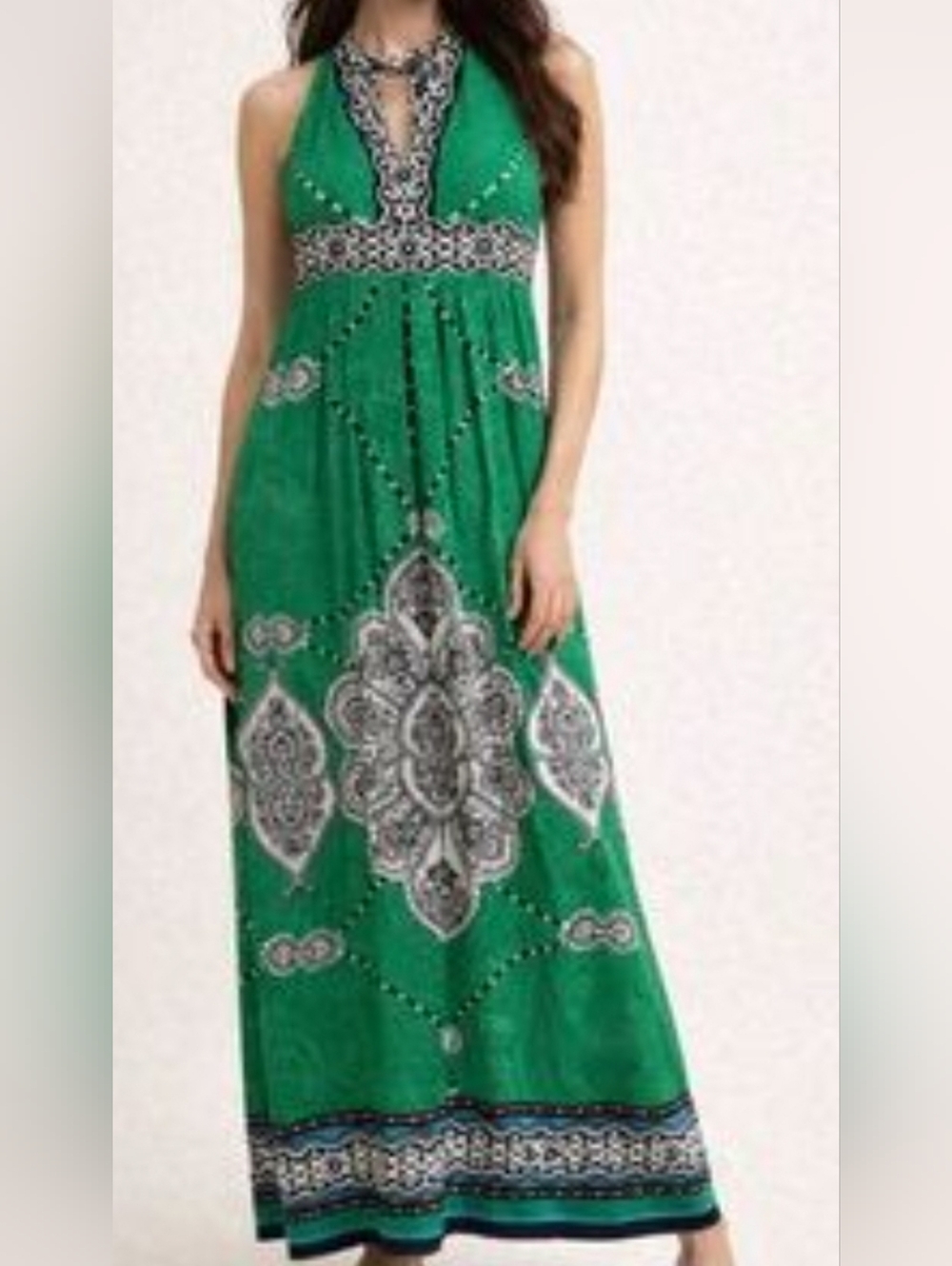 Green Halter Maxi Dress with Black & White Ornate Print